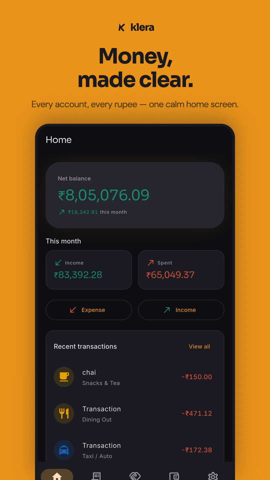 Klera udhar tracker dashboard with net balance and monthly spending alongside the udhaar ledger