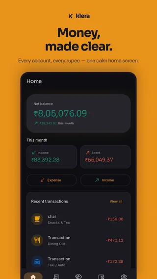 Klera store screenshot — “Money, made clear”: the home dashboard with net balance, monthly income and spending.