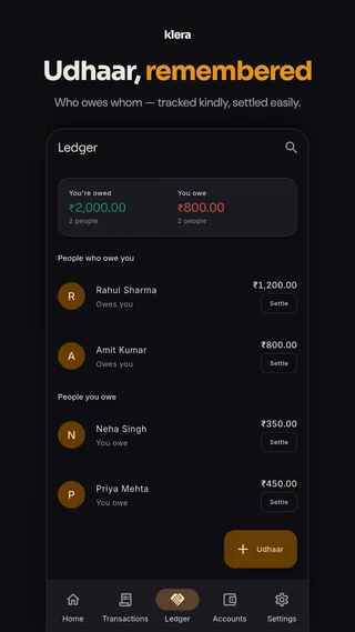 Klera store screenshot — “Udhaar, remembered”: the IOU ledger showing who owes you and who you owe.