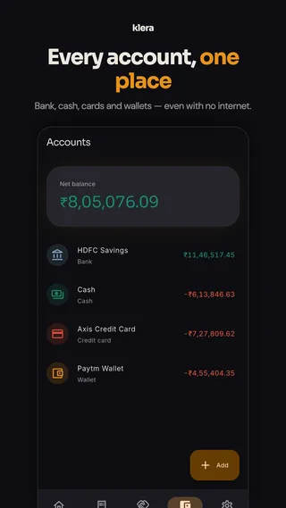 Klera store screenshot — “Every account, one place”: bank, cash, cards and wallets in one net balance.