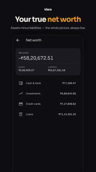 Klera store screenshot — “Your true net worth”: assets minus liabilities across cash, investments, cards and loans.