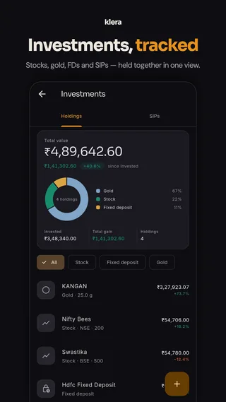 Klera store screenshot — “Investments, tracked”: stocks, gold, fixed deposits and SIPs with allocation and returns.