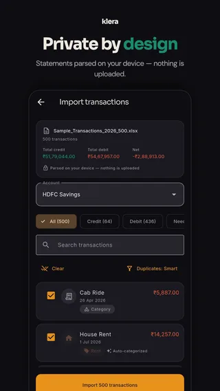Klera store screenshot — “Private by design”: bank statements parsed on your device with auto-categorisation.