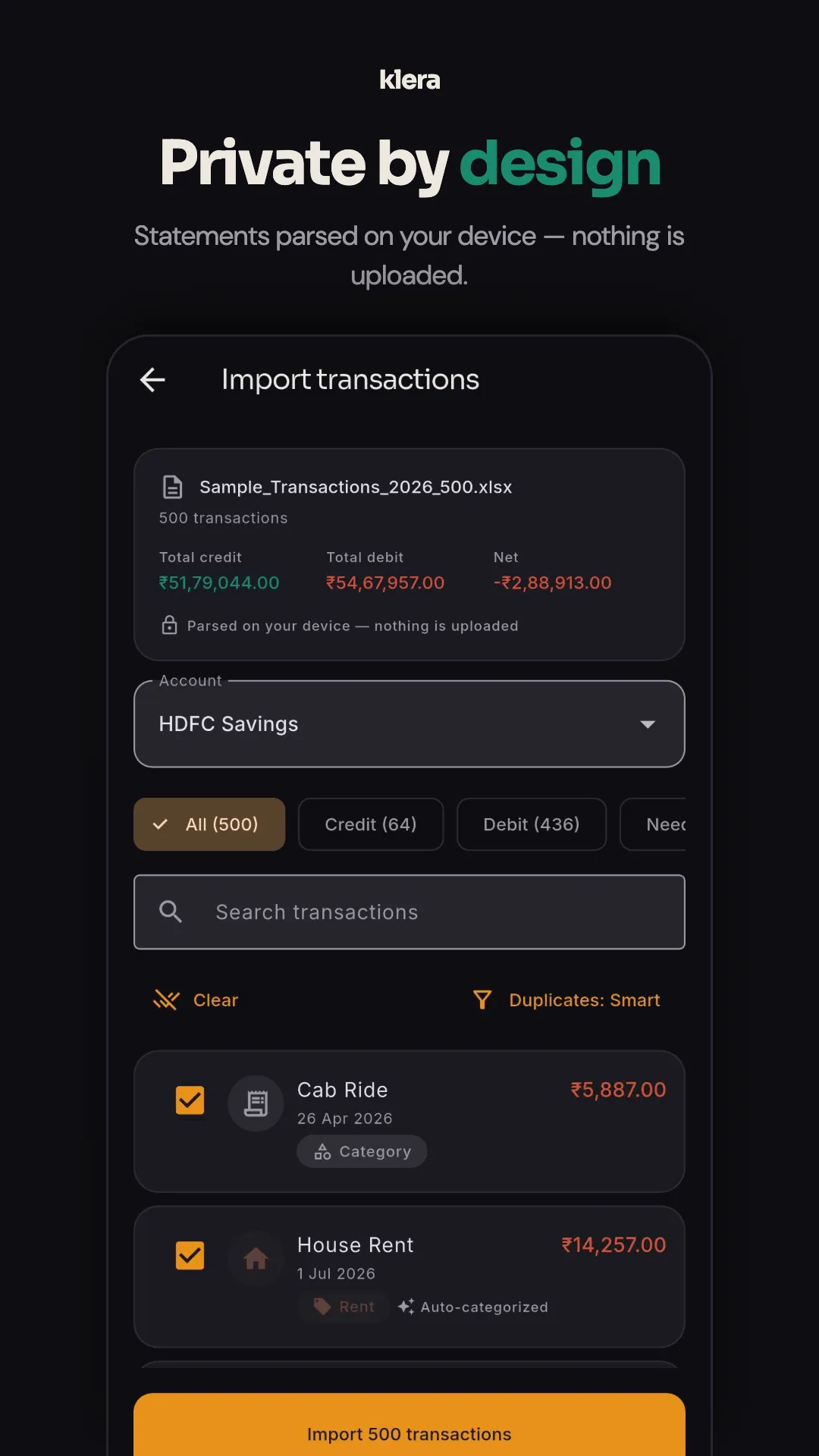 Klera importing a bank statement — parsed on your phone, never uploaded